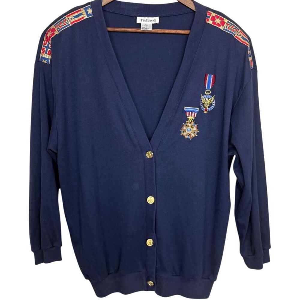 Raphael Womens XL Navy Cardigan Sweater Patriotic‎ Military Vintage Gold Buttons